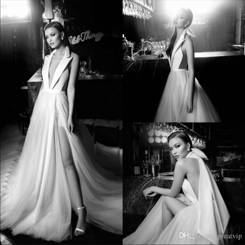 White sheer collar gown with shorts